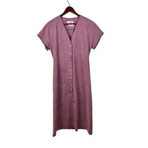 Caron Midi Dress Women 10 Mauve Purple Faux Suede Button Front Vintage V-Neck